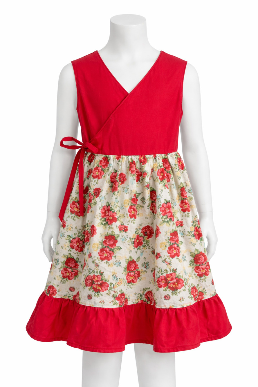 Girls Cottagecore Floral Wrap Dress Handmade Red Ruffle Hem Tie Waist Aprx 8/10